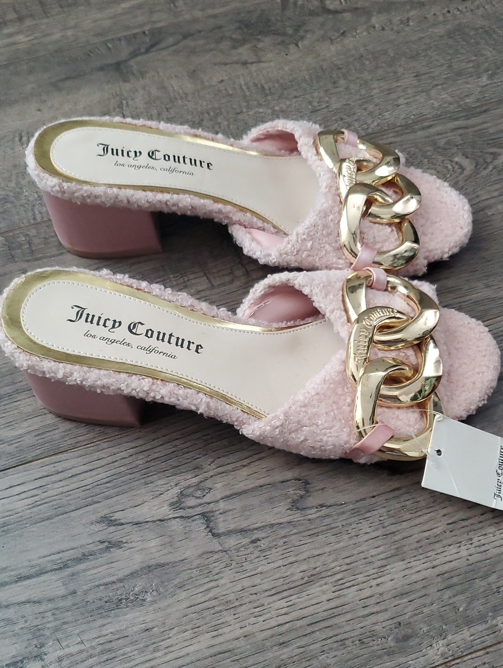 Juicy Couture Light Pink Bouclé Mules with Gold Chain Accent